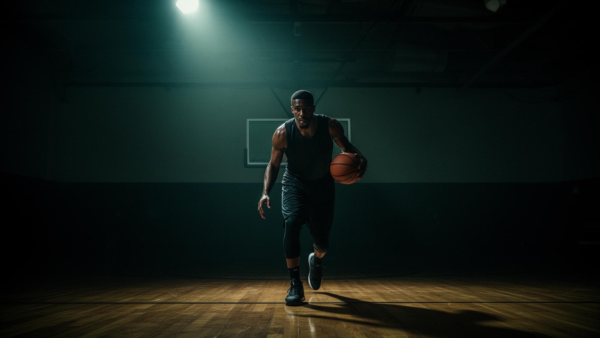 Basketball athlete driving the lane in a dark gym